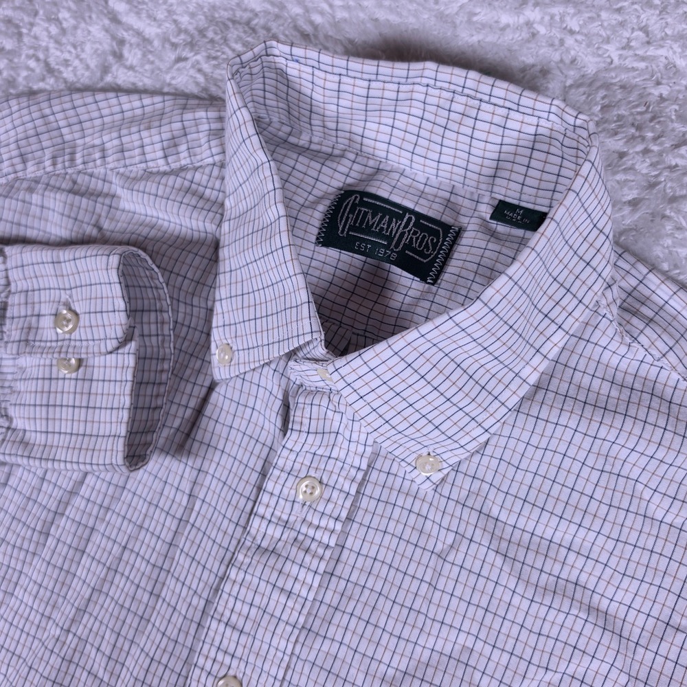 Gitman Bros Button Down Mens M Beige Tattersall Check L/S Pocket Made in USA